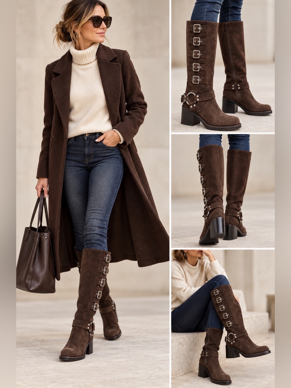 Jeffrey Campbell Brown Suede Trouble Buckle Harness Knee High Moto Boots Size 10